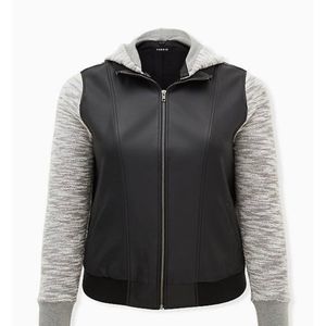 Torrid BLACK FAUX LEATHER & MARLED GREY TERRY BOMBER JACKET